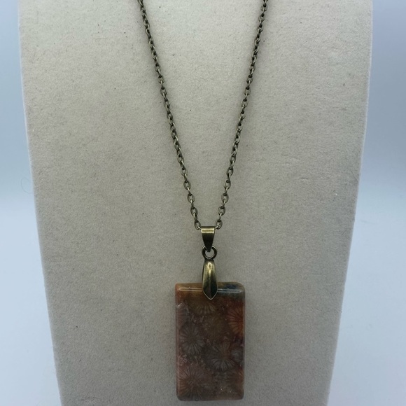 Coral Fossil Rectangle Pendant Necklace - Picture 3 of 9